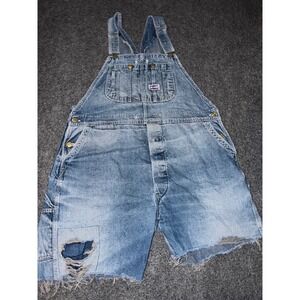 Big Smith Vintage Denim Bib Overalls Shorts Blue Distressed Men 40 Waist